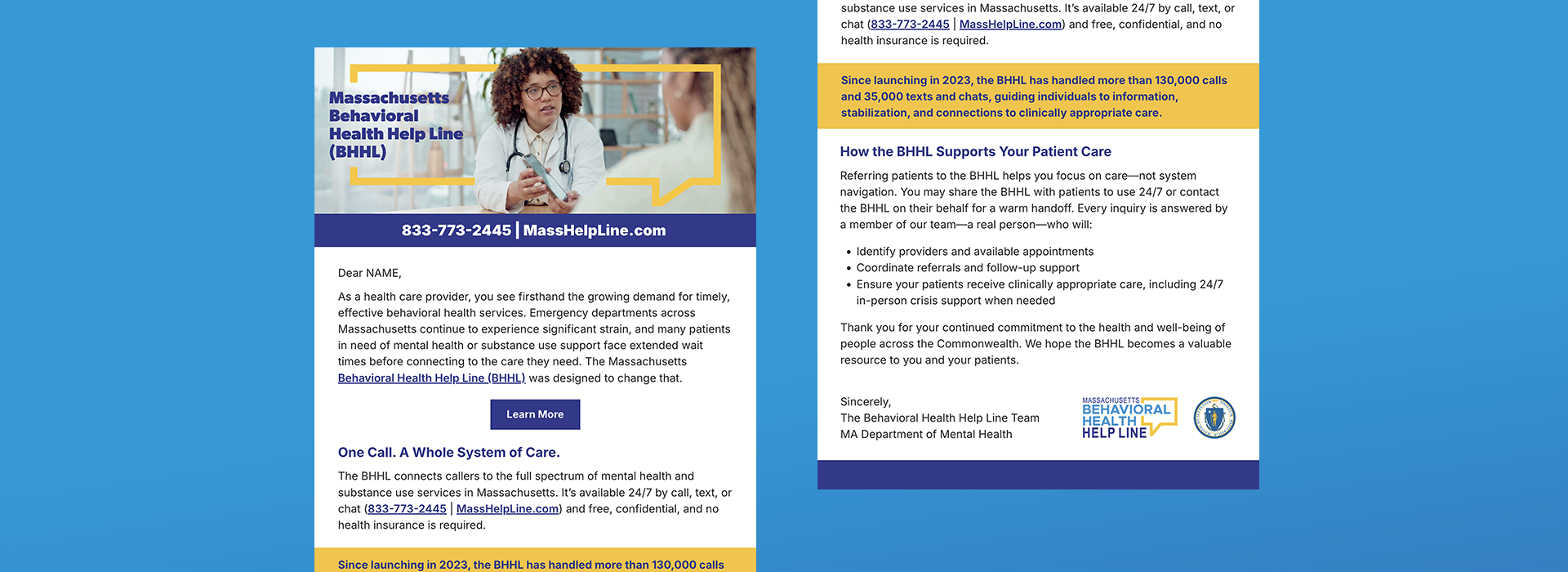 Email to providers, divided in two and shown side by side to view entire email, features Provider speaking to patient off camera