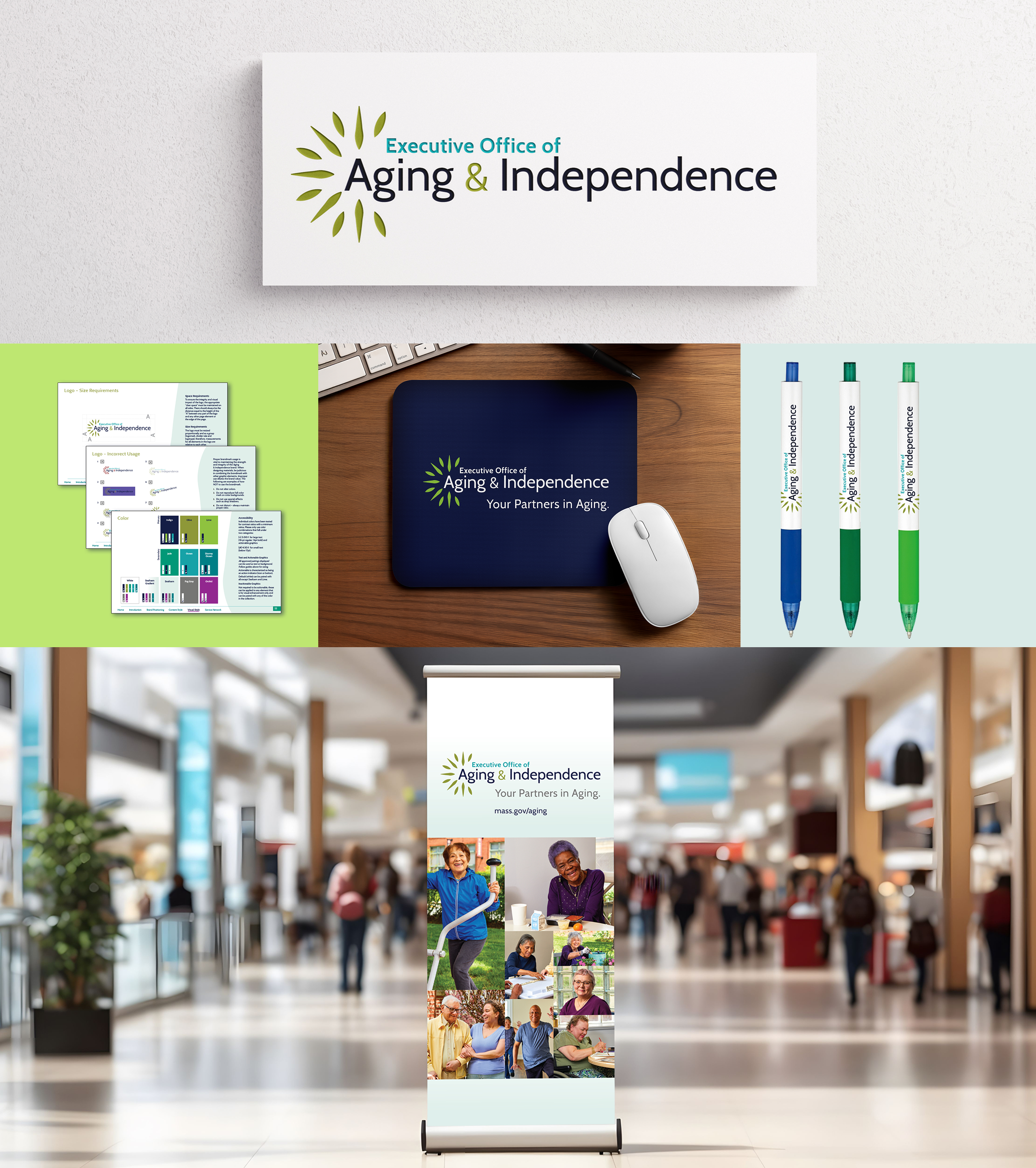 Collage: Logo: Executive Office of Aging & Independence, burst of green shapes originating from "A" in "Aging", THREE ASSETS: THREE SPREAD FROM THE BRAND GUIDELINES, BRANDED MOUSE PAD on desk, three branded pens, and Pull up banner featuring logo and eight older adults or caregivers