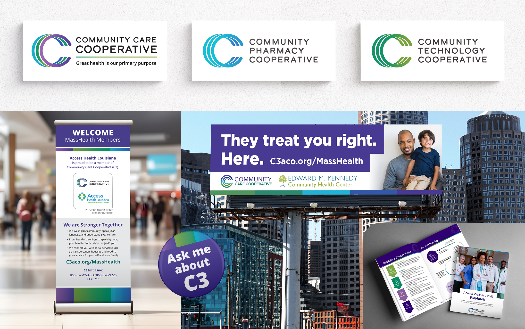 COLLAGE OF MIXED ASSETS: banner stand, corporate logo and subsidiaries, billboard, button, flyer