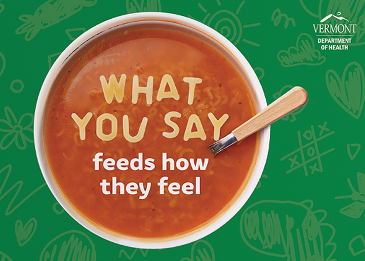 Preview: VT Healthy Eating assets (Features bowl of vegetable soup with alphabet noodles that spell out 