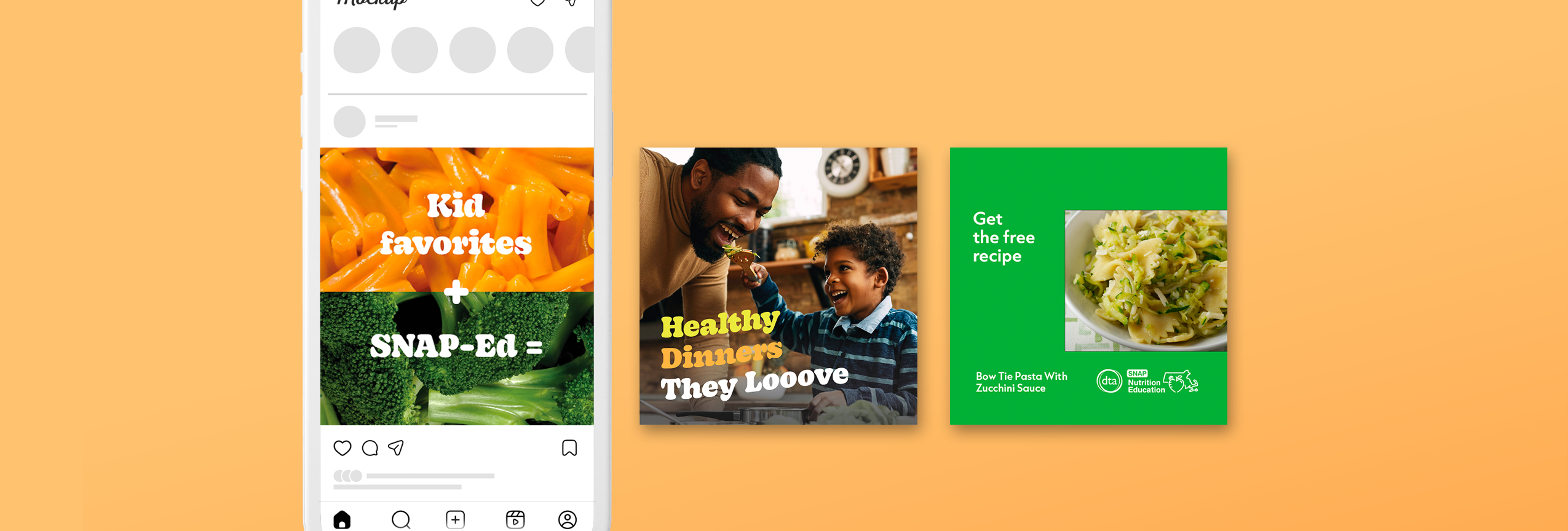 Social carousel "Kid favorites + SNAP-Ed =" on top of macaroni & cheese paired with Broccoli, next frame "Healthy Dinners They Love" with dad and son eating dinner featuring vegetables